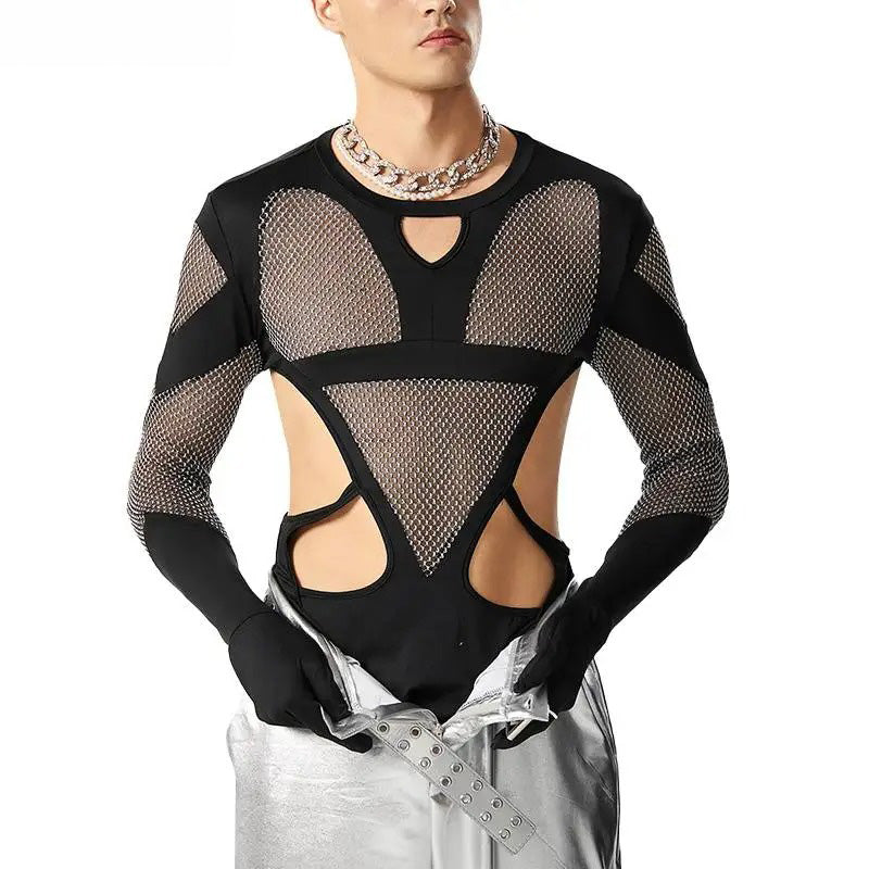 Men Futuristic Mesh Cutout Bodysuit