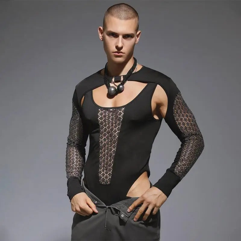 Sleek Noir Mesh-Panelled Men's Bodysuit