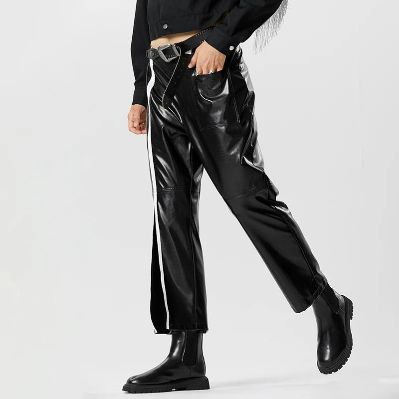 Pantalon élégant en similicuir à rayures contrastées pour homme