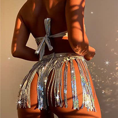 Ensemble bikini bandeau holographique et jupe à franges