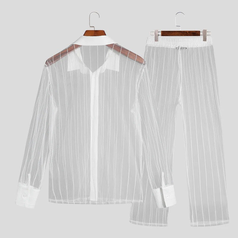 Ensemble contemporain à rayures transparentes pour hommes : ensemble chemise et pantalon