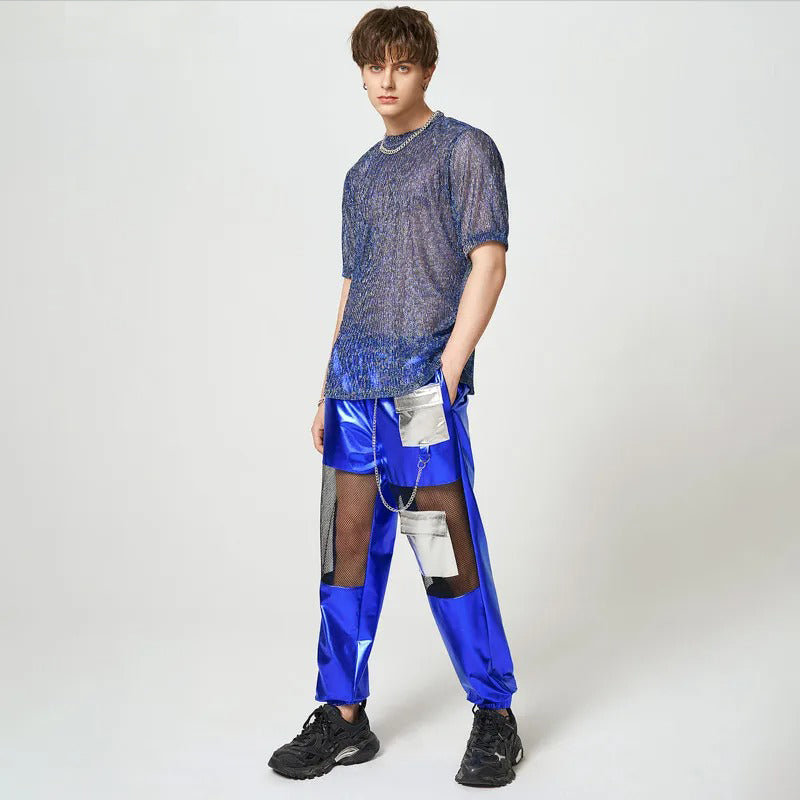 Pantalon streetwear bleu électrique à empiècements en mesh