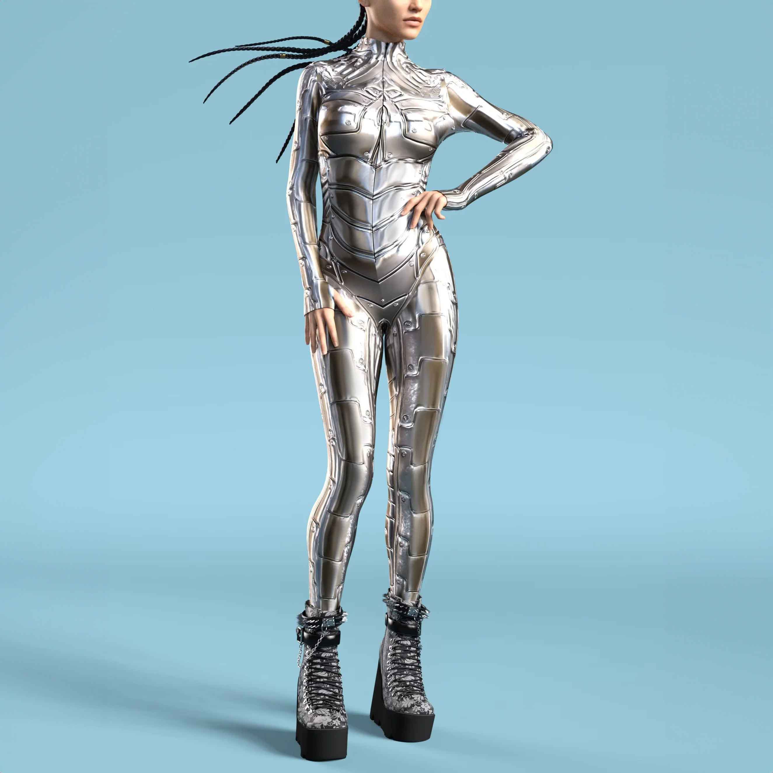Ultramoderner Metallic-Bodysuit – Futuristisches Fashion-Statement
