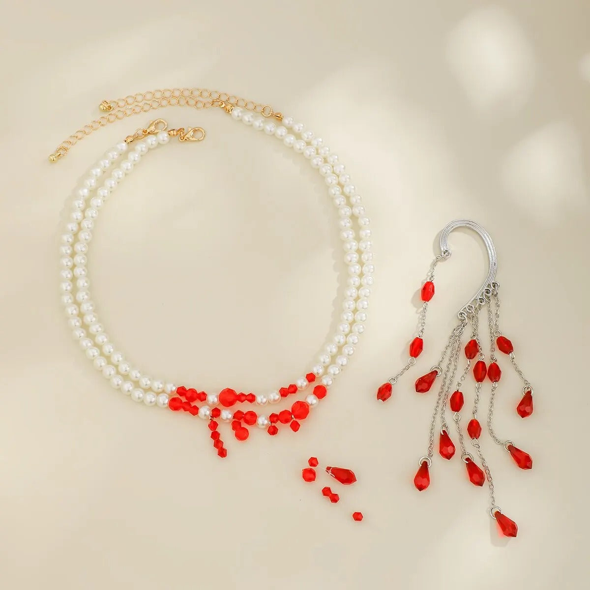 Elegantes Perlen- und Rubin-Tropfen-Schmuckset