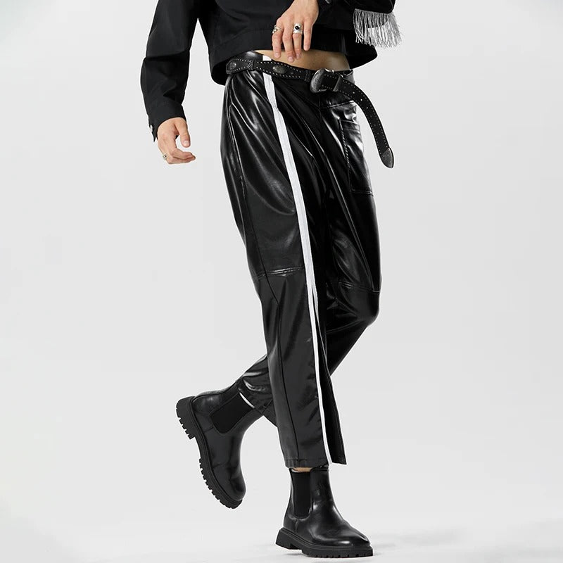 Pantalon élégant en similicuir à rayures contrastées pour homme